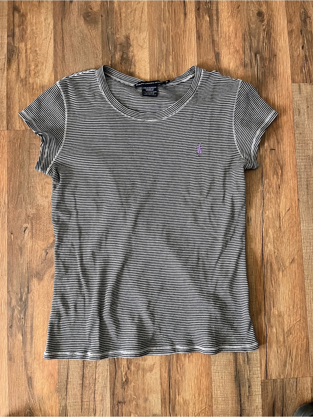 Ralph Lauren Black & White Striped Crewneck Tee with Purple Polo Logo